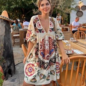 ZARA Linen Blend Embroidered Printed Dress